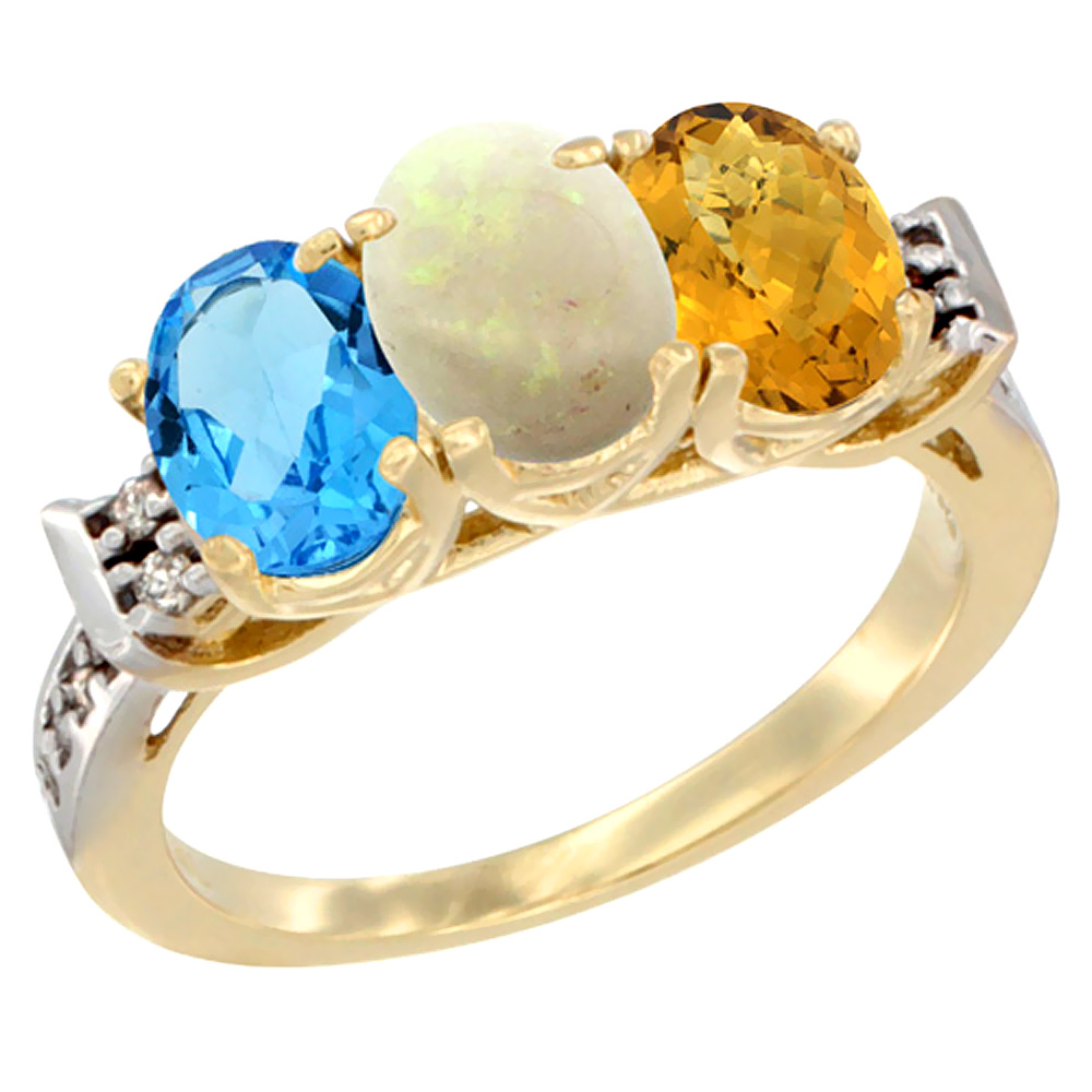 10K Yellow Gold Natural Swiss Blue Topaz, Opal & Whisky Quartz Ring 3-Stone Oval 7x5 mm Diamond Accent, sizes 5 - 10