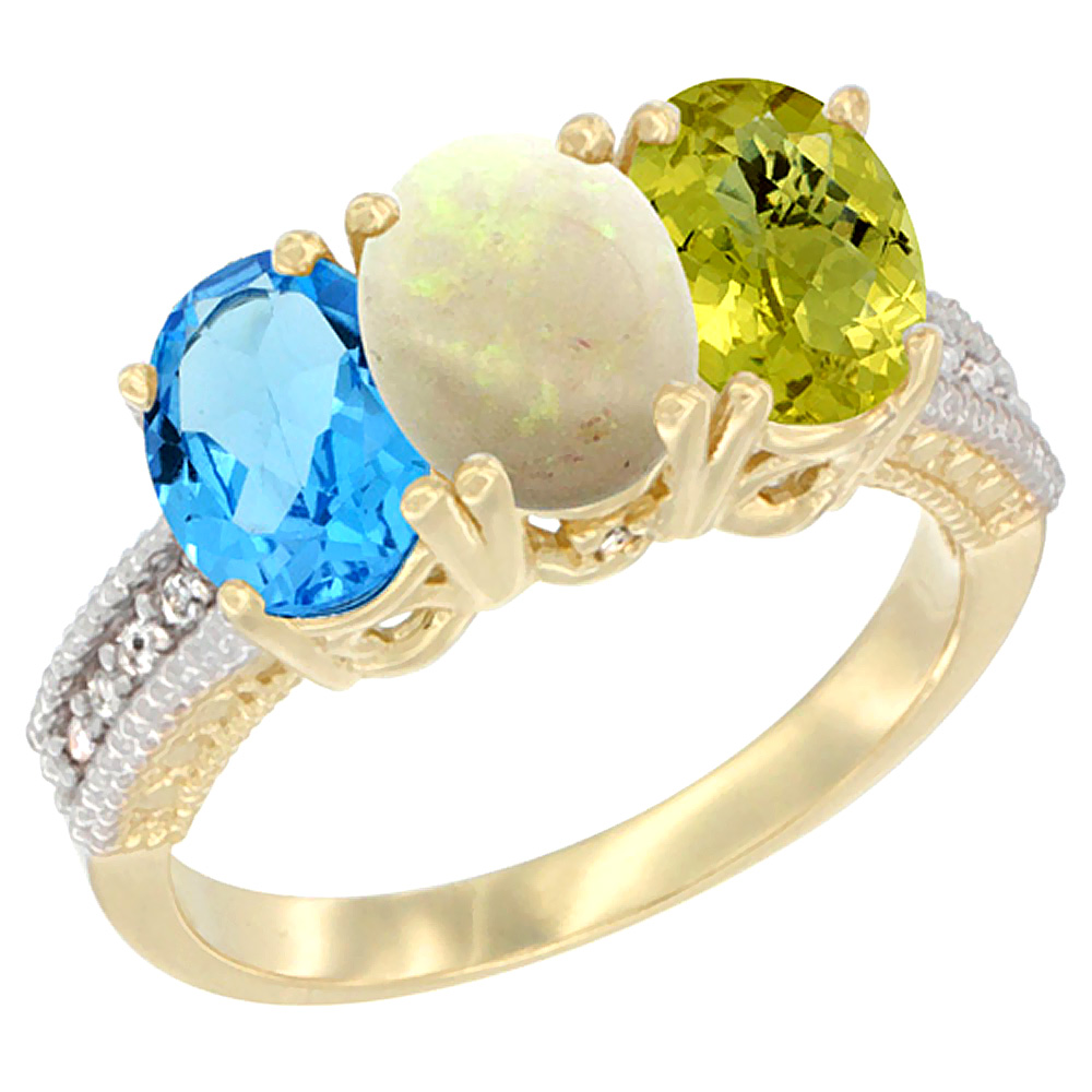 14K Yellow Gold Natural Swiss Blue Topaz, Opal & Lemon Quartz Ring 3-Stone 7x5 mm Oval Diamond Accent, sizes 5 - 10