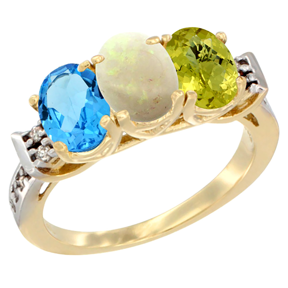 10K Yellow Gold Natural Swiss Blue Topaz, Opal &amp; Lemon Quartz Ring 3-Stone Oval 7x5 mm Diamond Accent, sizes 5 - 10