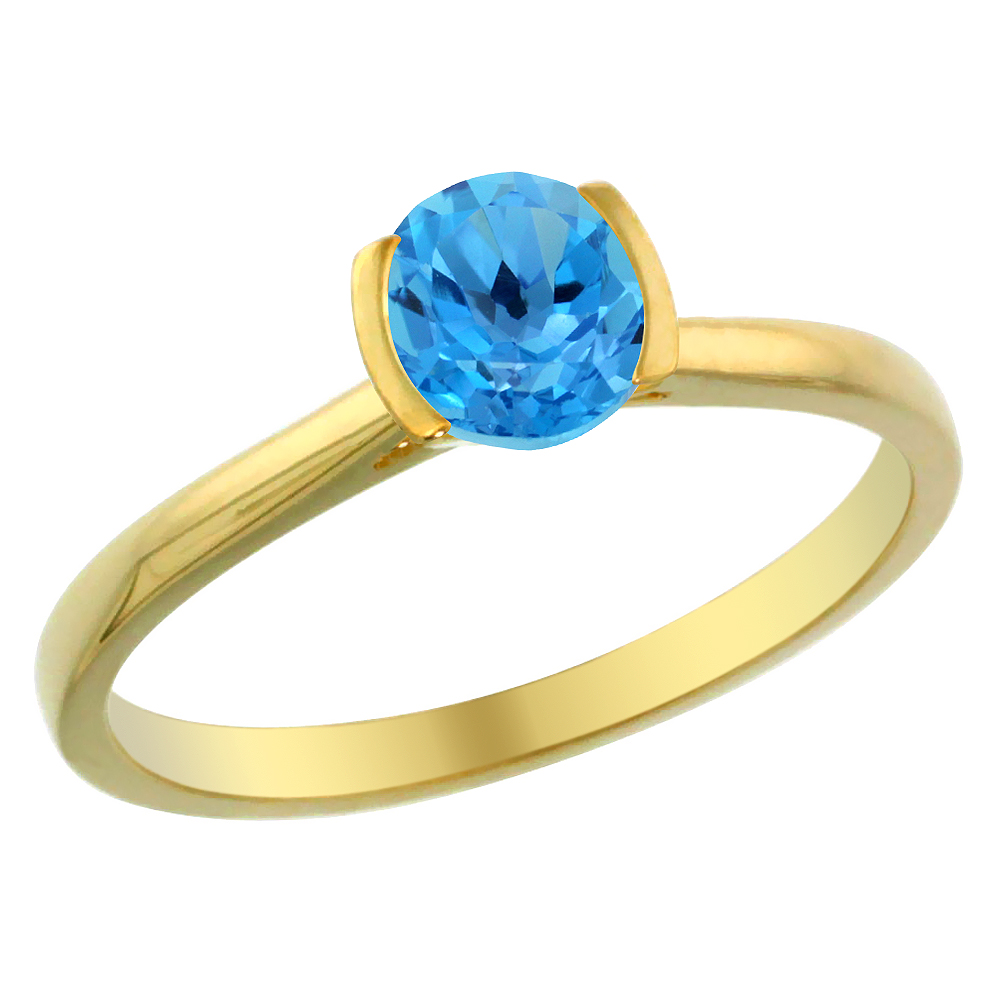 14K Yellow Gold Natural Swiss Blue Topaz Solitaire Ring Round 5mm, sizes 5 - 10