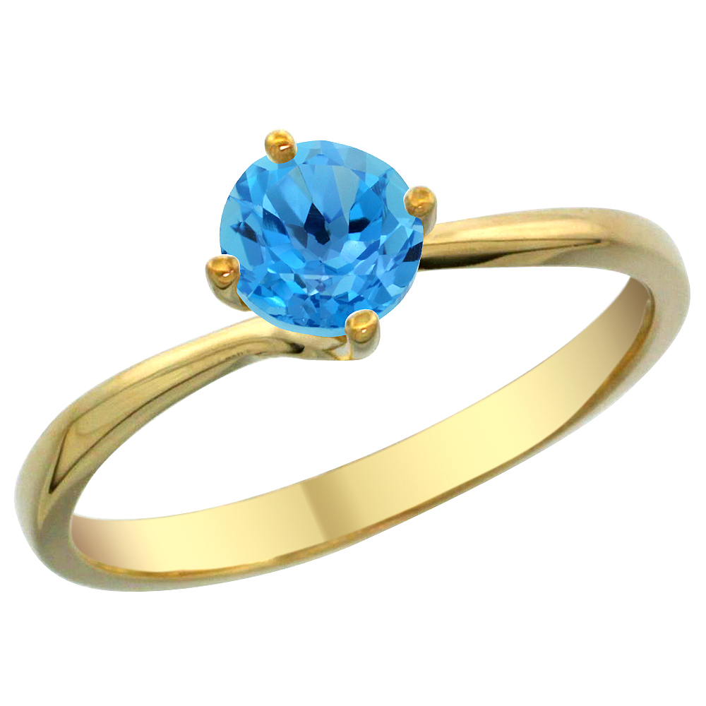 14K Yellow Gold Natural Swiss Blue Topaz Solitaire Ring Round 6mm, sizes 5 - 10