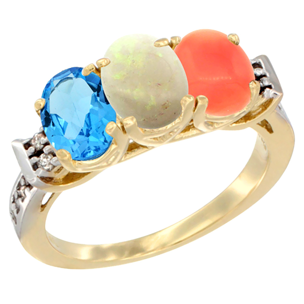 10K Yellow Gold Natural Swiss Blue Topaz, Opal & Coral Ring 3-Stone Oval 7x5 mm Diamond Accent, sizes 5 - 10