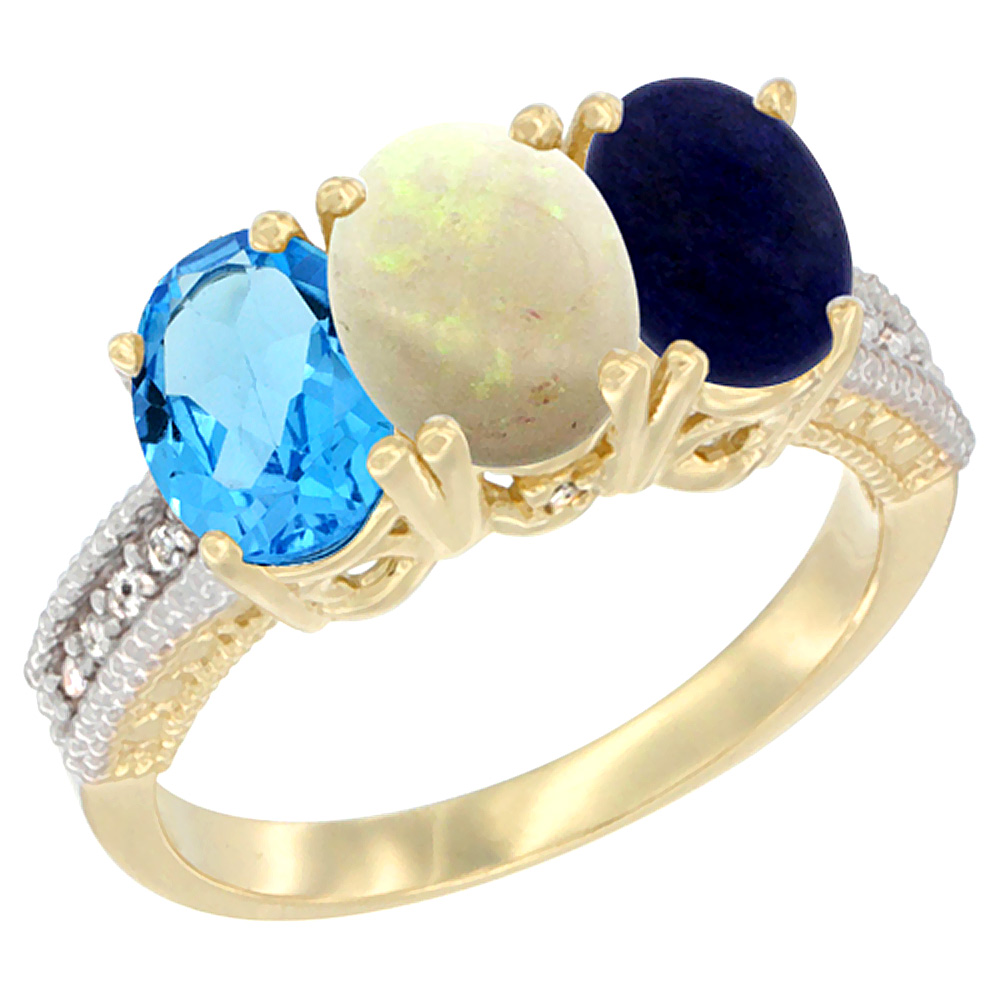 14K Yellow Gold Natural Swiss Blue Topaz, Opal & Lapis Ring 3-Stone 7x5 mm Oval Diamond Accent, sizes 5 - 10
