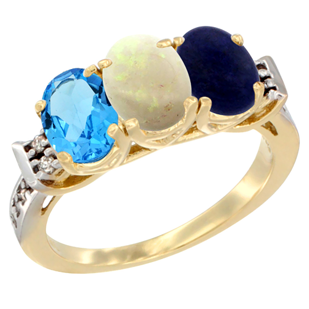 10K Yellow Gold Natural Swiss Blue Topaz, Opal & Lapis Ring 3-Stone Oval 7x5 mm Diamond Accent, sizes 5 - 10