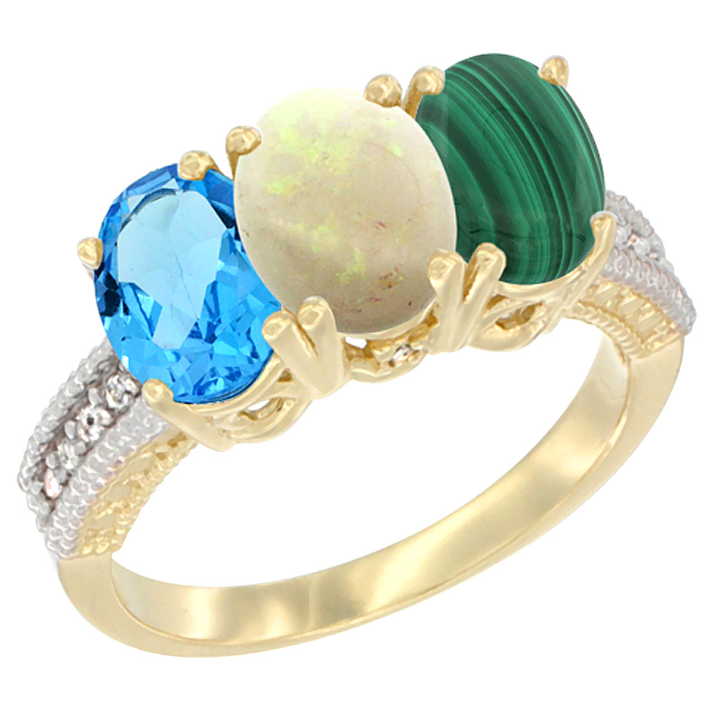 14K Yellow Gold Natural Swiss Blue Topaz, Opal & Malachite Ring 3-Stone 7x5 mm Oval Diamond Accent, sizes 5 - 10