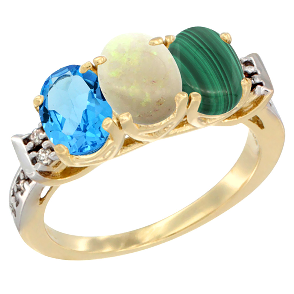 10K Yellow Gold Natural Swiss Blue Topaz, Opal & Malachite Ring 3-Stone Oval 7x5 mm Diamond Accent, sizes 5 - 10