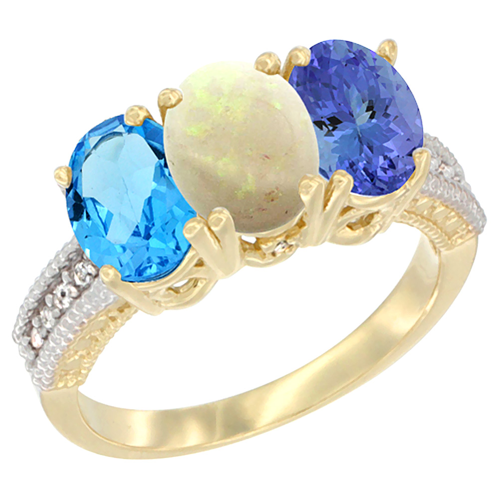 14K Yellow Gold Natural Swiss Blue Topaz, Opal & Tanzanite Ring 3-Stone 7x5 mm Oval Diamond Accent, sizes 5 - 10