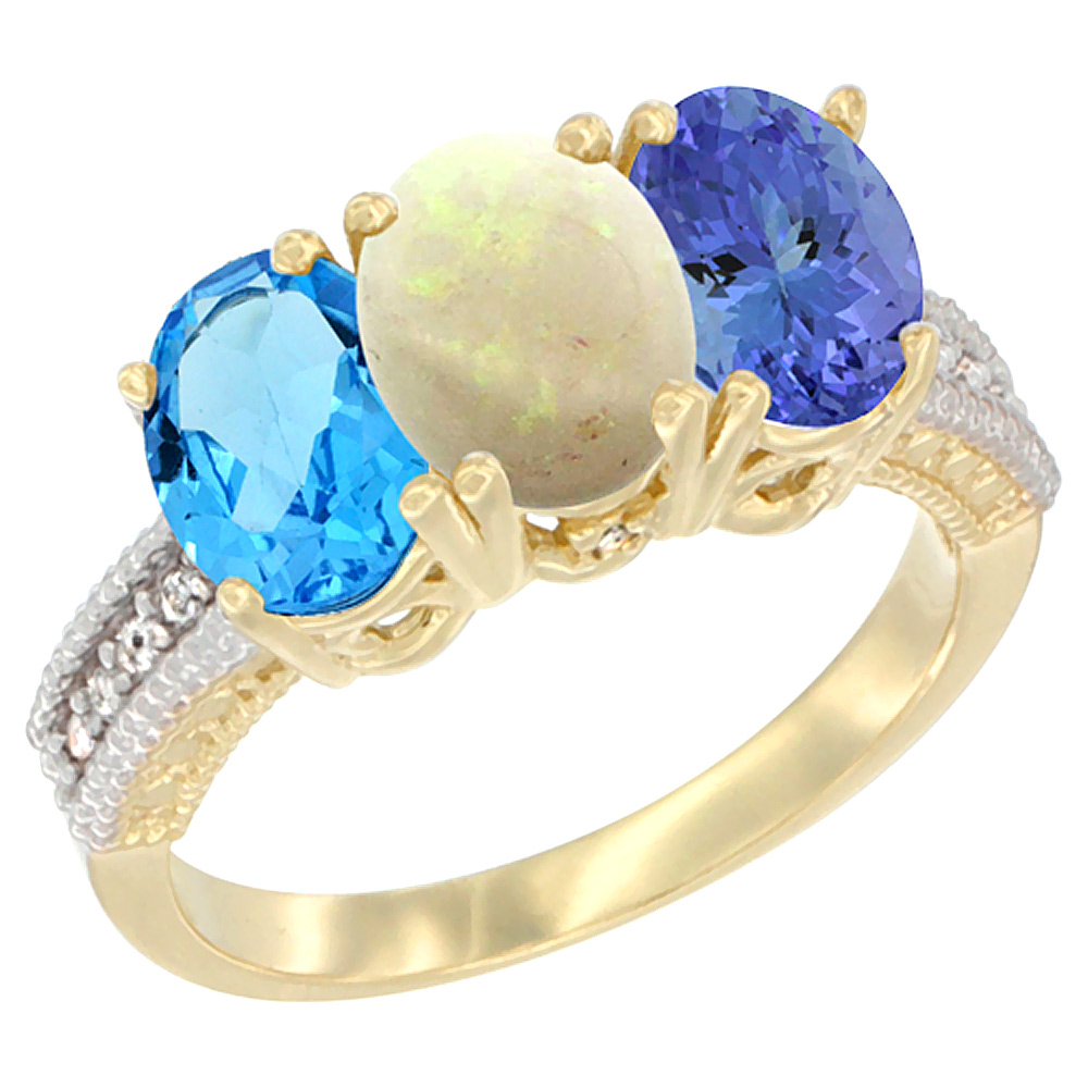 14K Yellow Gold Natural Swiss Blue Topaz, Opal &amp; Tanzanite Ring 3-Stone 7x5 mm Oval Diamond Accent, sizes 5 - 10