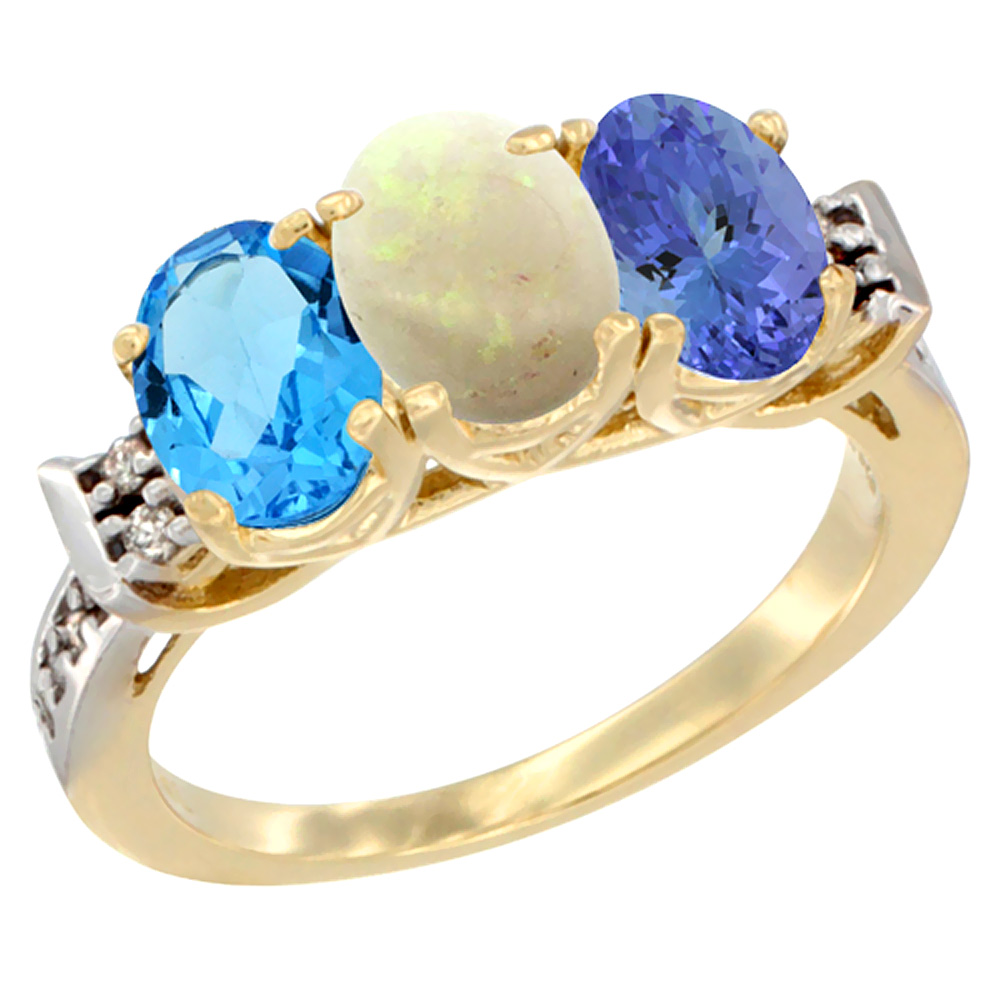 10K Yellow Gold Natural Swiss Blue Topaz, Opal & Tanzanite Ring 3-Stone Oval 7x5 mm Diamond Accent, sizes 5 - 10