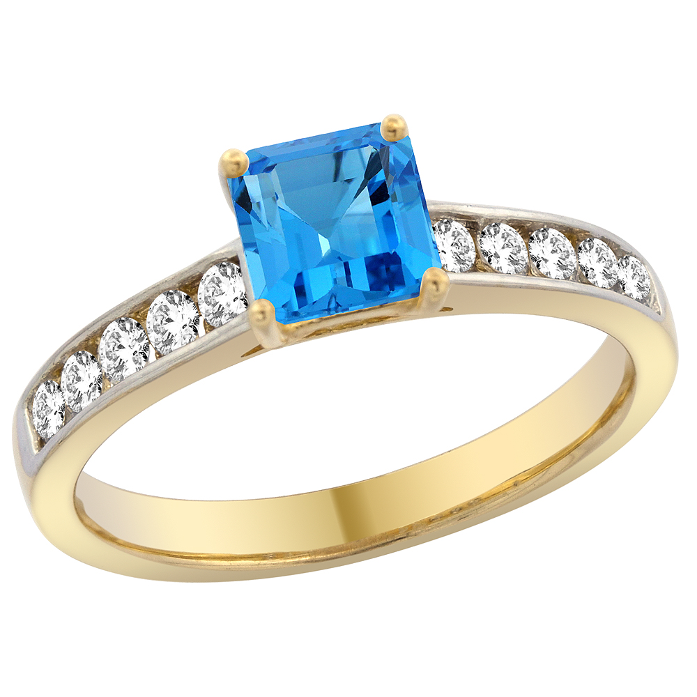 14K Yellow Gold Natural Swiss Blue Topaz Engagement Ring Princess cut 5mm, sizes 5 - 10