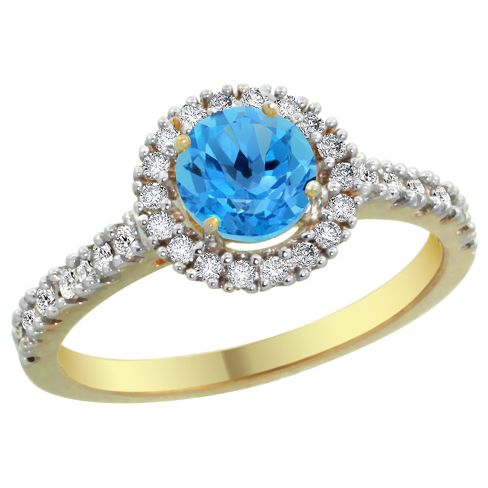 14K Yellow Gold Diamond Halo Natural Swiss Blue Topaz Ring Round 6mm, sizes 5 - 10