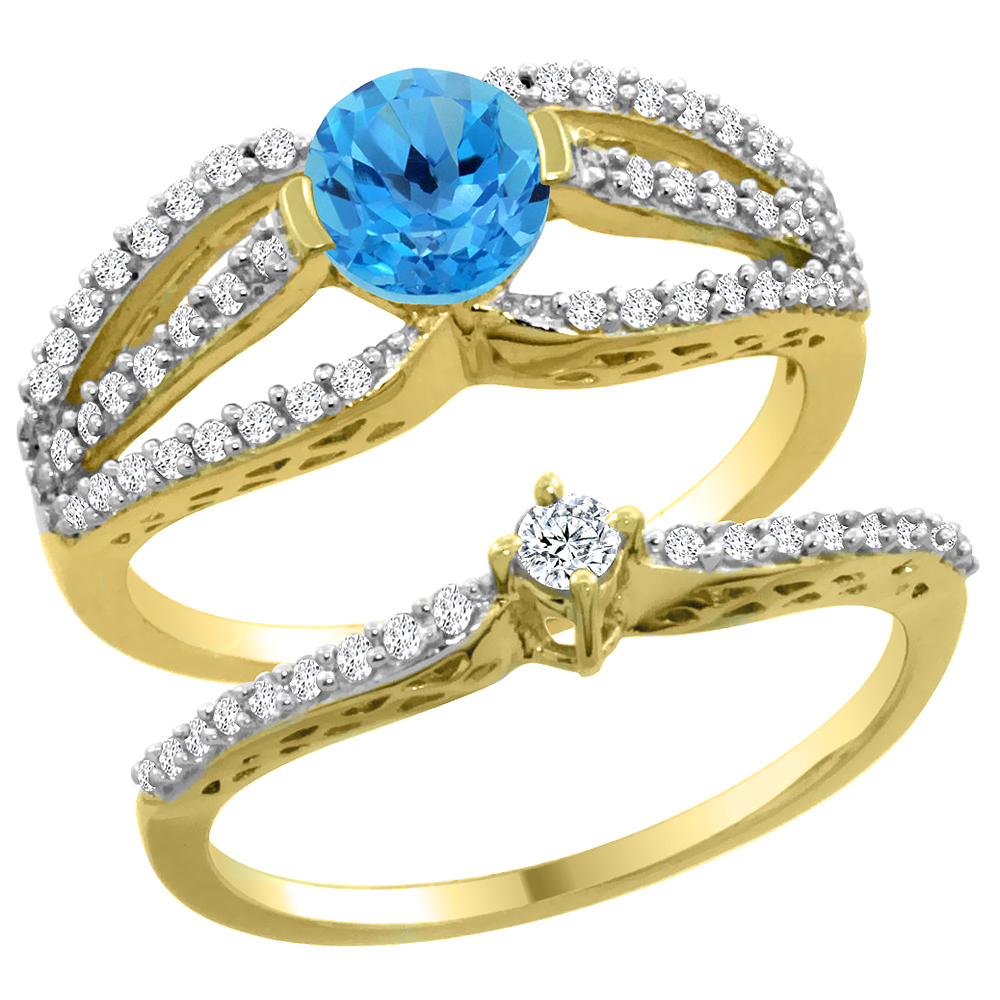 14K Yellow Gold Natural Swiss Blue Topaz 2-piece Engagement Ring Set Round 5mm, sizes 5 - 10