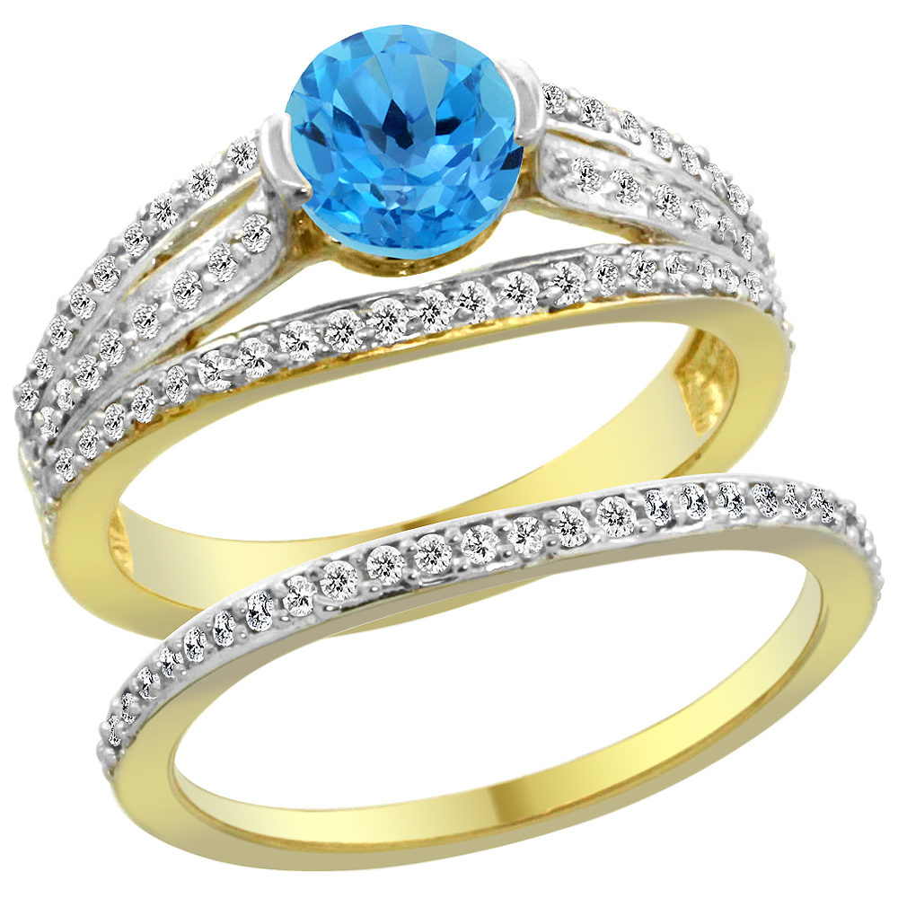 14K Yellow Gold Natural Swiss Blue Topaz 2-piece Engagement Ring Set Round 6mm, sizes 5 - 10