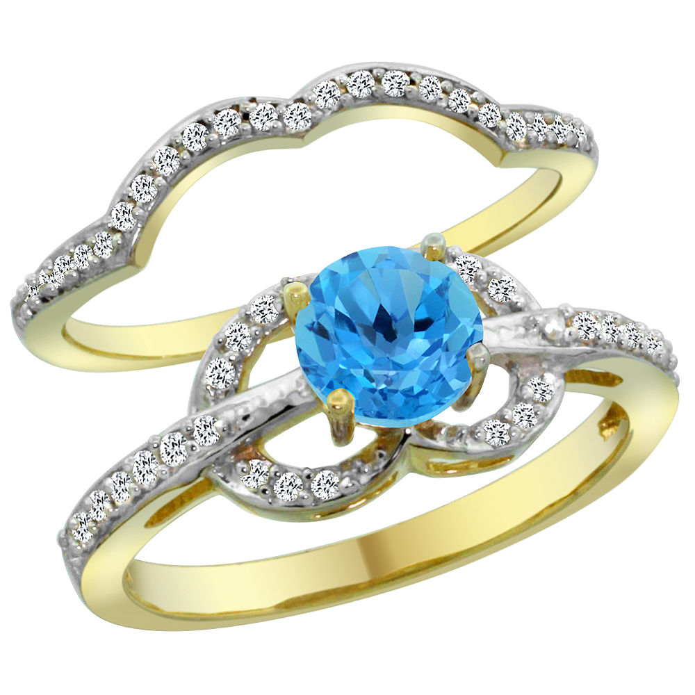 14K Yellow Gold Natural Swiss Blue Topaz 2-piece Engagement Ring Set Round 6mm, sizes 5 - 10