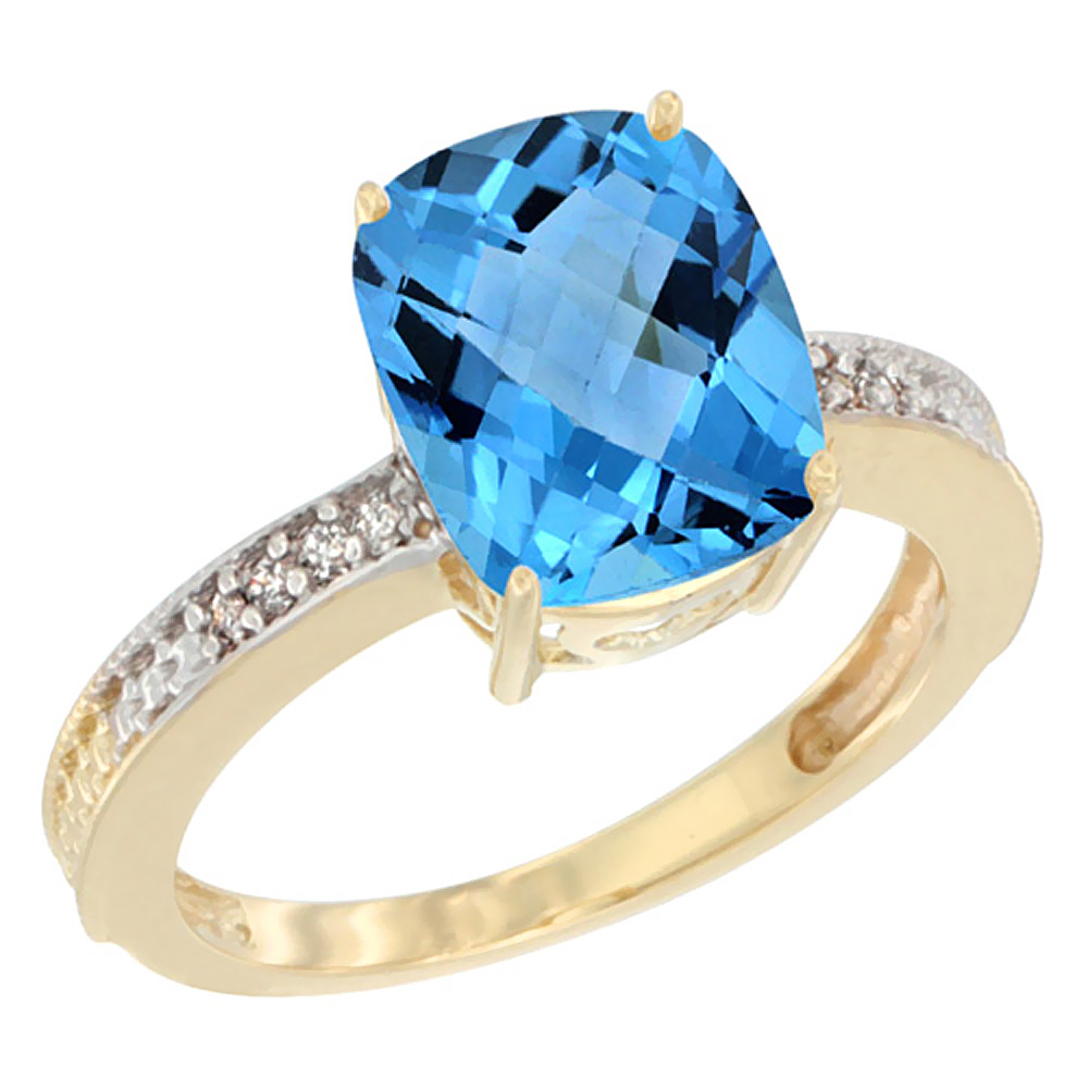 14K Yellow Gold Diamond Cushion 10x8 mm Natural Swiss Blue Topaz Stone Ring, sizes 5 - 10