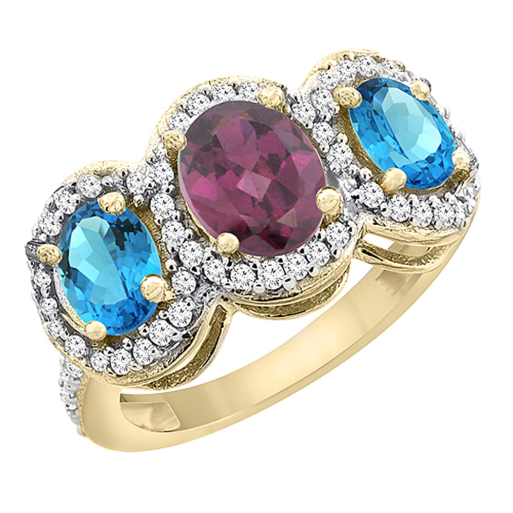 10K Yellow Gold Natural Rhodolite &amp; Swiss Blue Topaz 3-Stone Ring Oval Diamond Accent, sizes 5 - 10