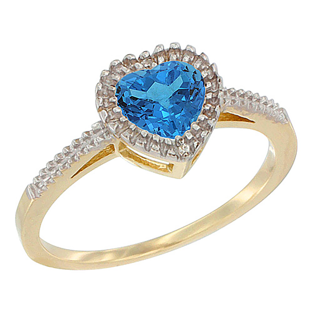 10K Yellow Gold Genuine Blue Topaz Ring Halo Heart 6x6 mm sizes 5 - 10