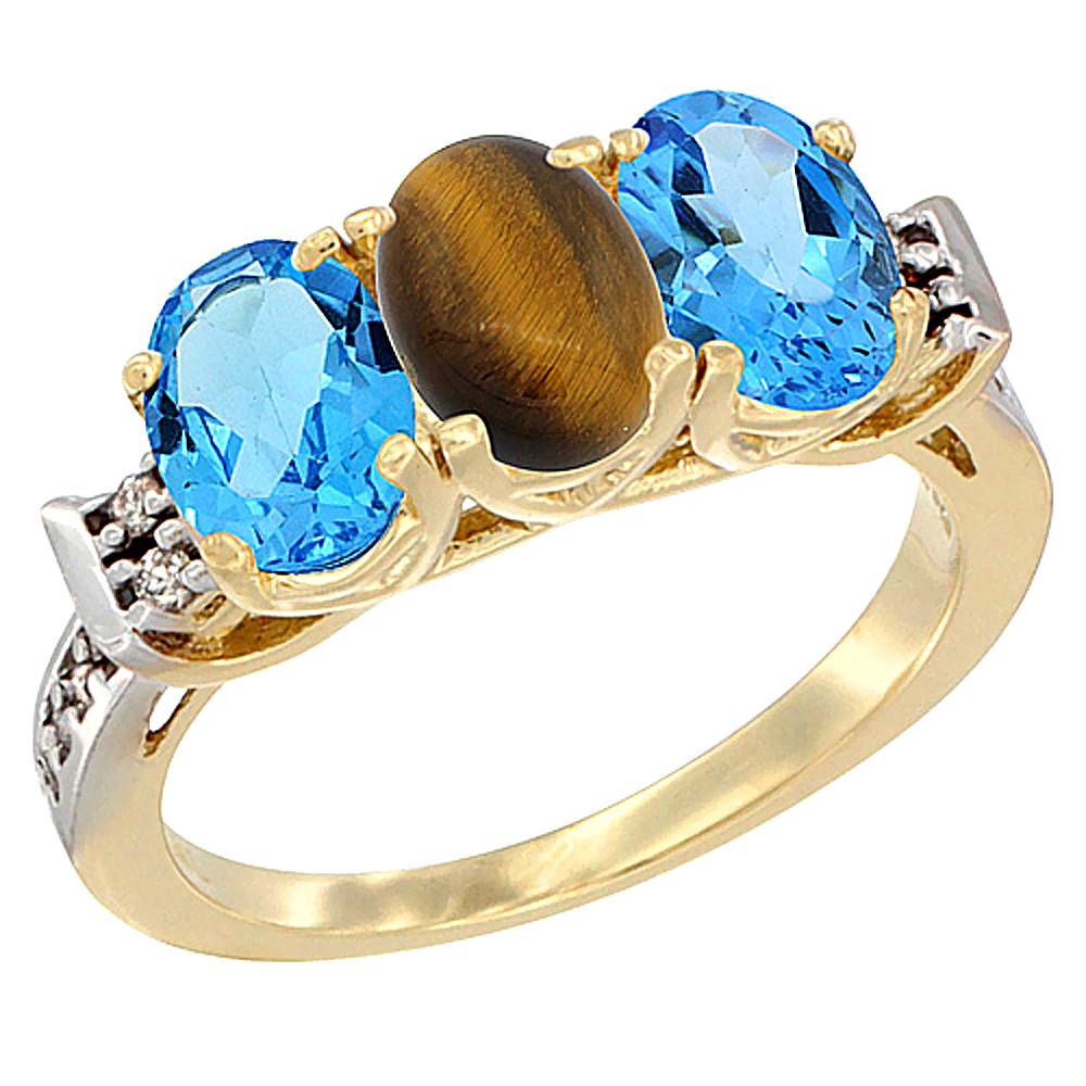 14K Yellow Gold Natural Tiger Eye & Swiss Blue Topaz Sides Ring 3-Stone 7x5 mm Oval Diamond Accent, sizes 5 - 10