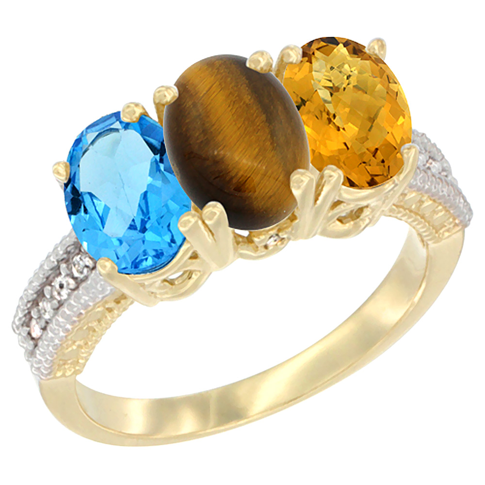 14K Yellow Gold Natural Swiss Blue Topaz, Tiger Eye & Whisky Quartz Ring 3-Stone 7x5 mm Oval Diamond Accent, sizes 5 - 10