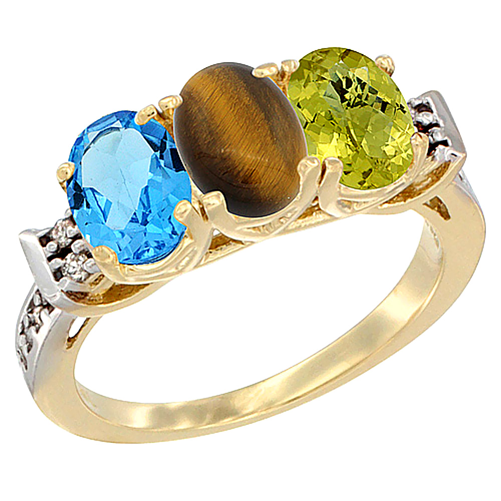 14K Yellow Gold Natural Swiss Blue Topaz, Tiger Eye &amp; Lemon Quartz Ring 3-Stone 7x5 mm Oval Diamond Accent, sizes 5 - 10