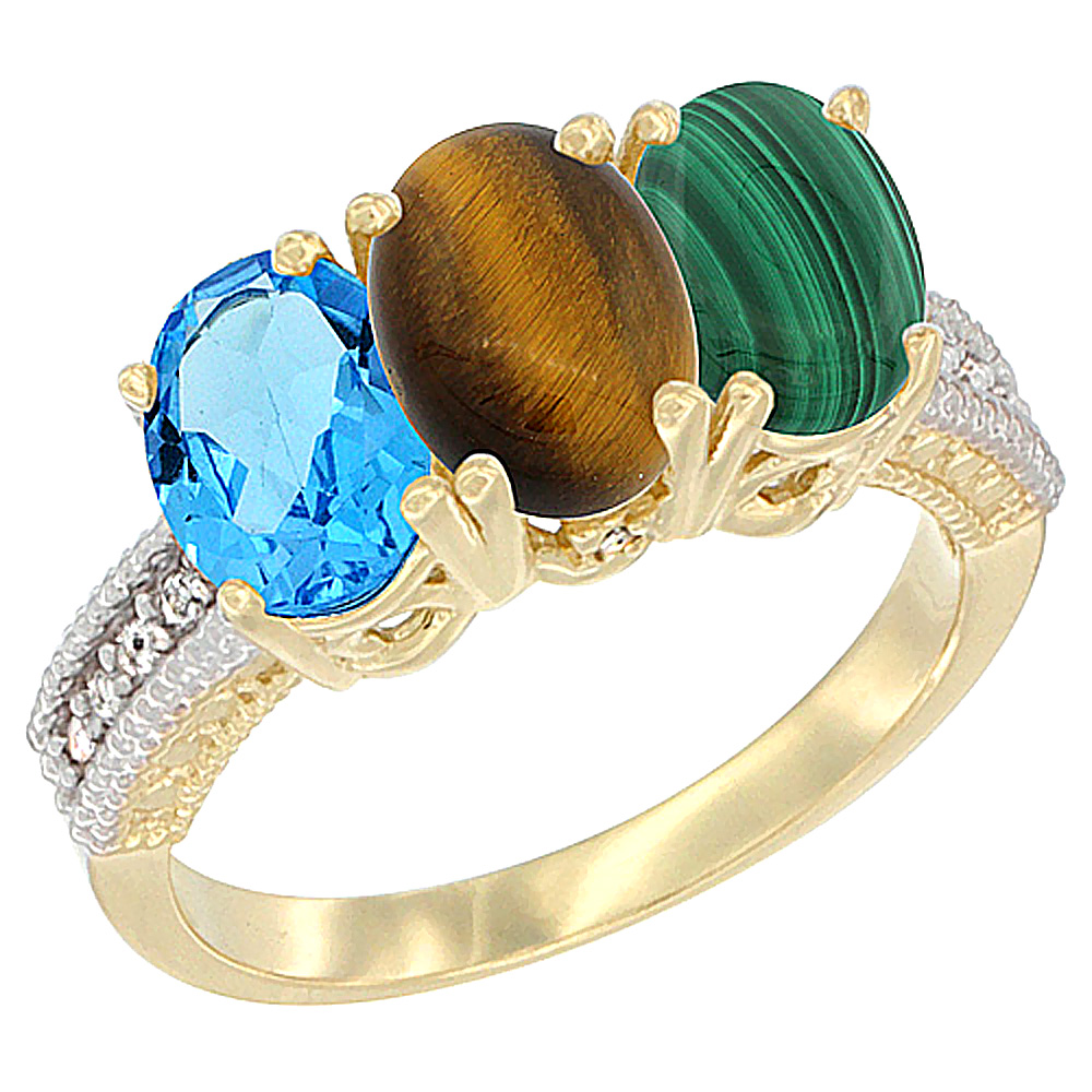 14K Yellow Gold Natural Swiss Blue Topaz, Tiger Eye &amp; Malachite Ring 3-Stone 7x5 mm Oval Diamond Accent, sizes 5 - 10