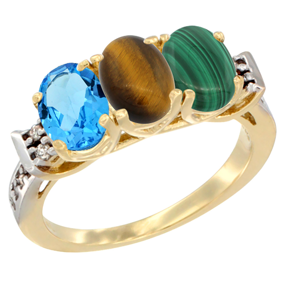 10K Yellow Gold Natural Swiss Blue Topaz, Tiger Eye & Malachite Ring 3-Stone Oval 7x5 mm Diamond Accent, sizes 5 - 10