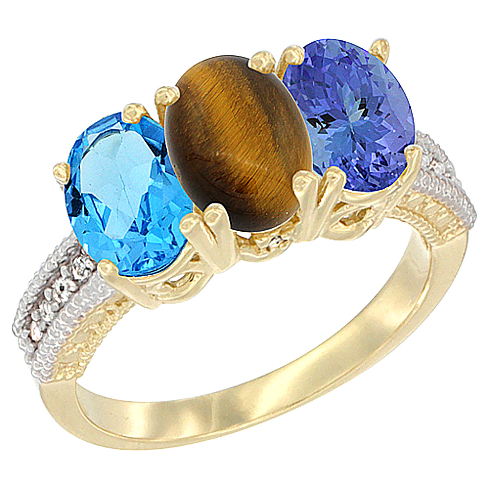 14K Yellow Gold Natural Swiss Blue Topaz, Tiger Eye & Tanzanite Ring 3-Stone 7x5 mm Oval Diamond Accent, sizes 5 - 10