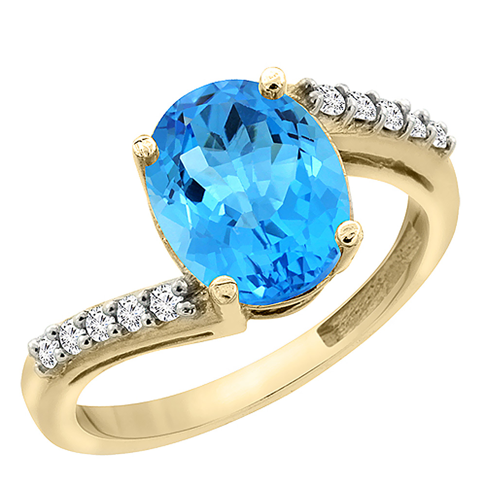 14K Yellow Gold Diamond Natural Swiss Blue Topaz Engagement Ring Oval 10x8mm, sizes 5-10