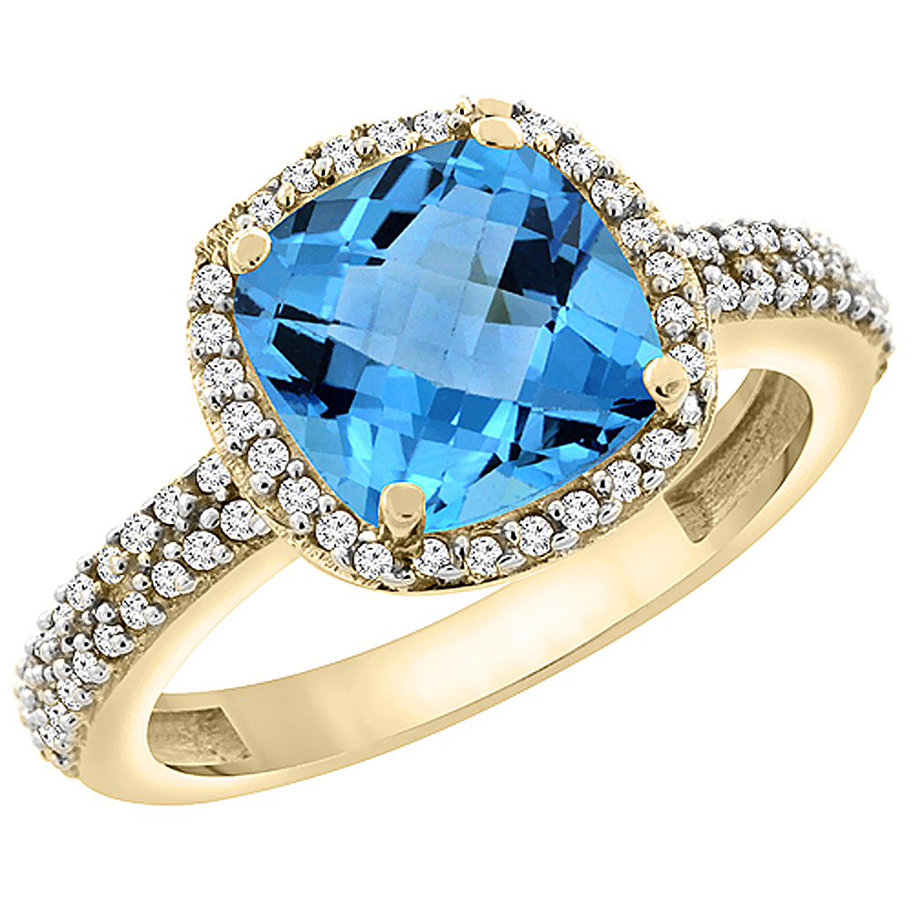 10K Yellow Gold Genuine Blue Topaz Ring Halo Cushion Cut 8x8 mm Diamond Accent sizes 5 - 10