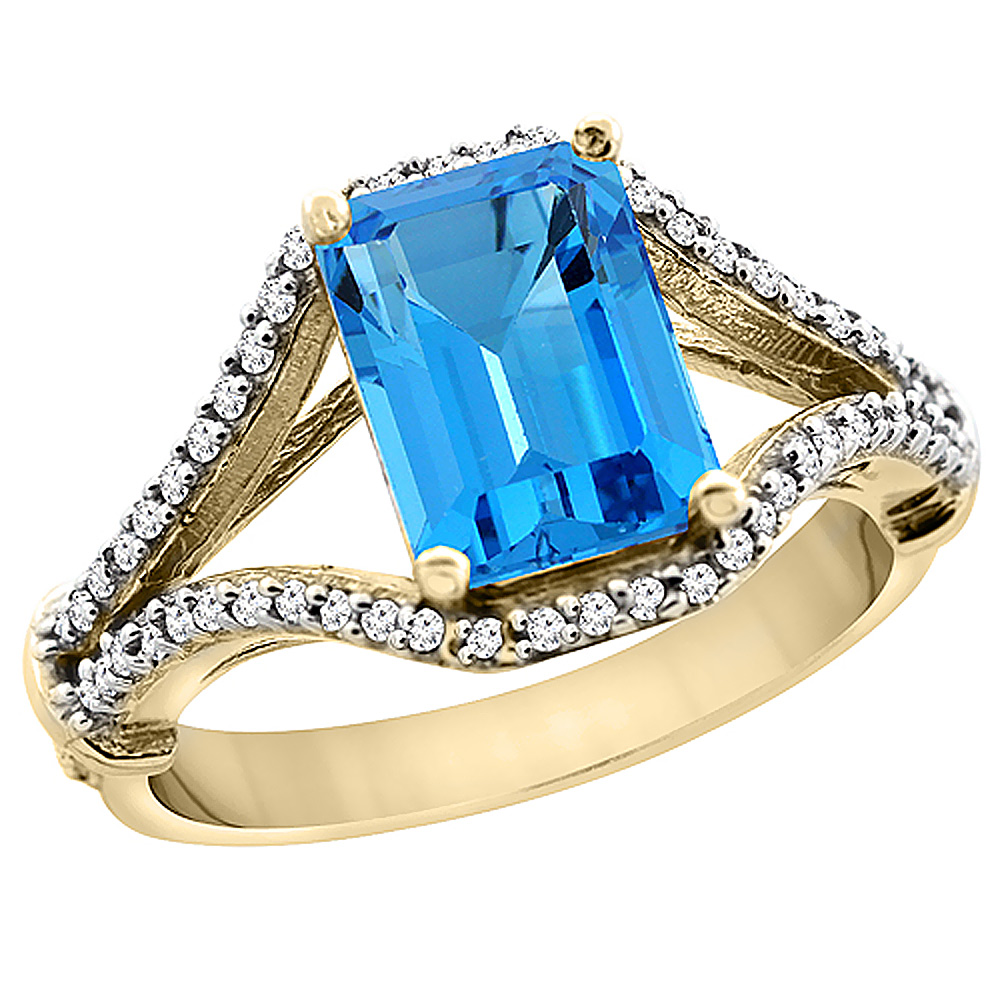 14K Yellow Gold Natural Swiss Blue Topaz Ring Octagon 8x6 mm with Diamond Accents, sizes 5 - 10