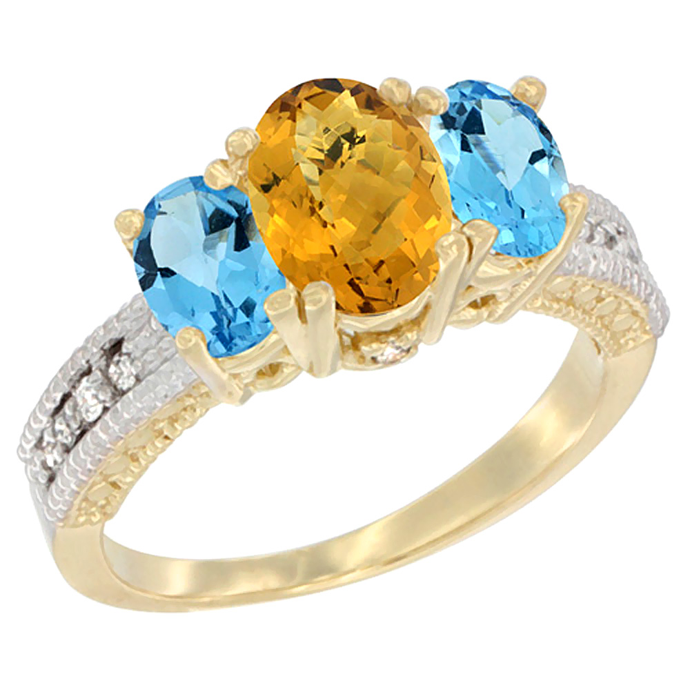 10K Yellow Gold Diamond Natural Whisky Quartz Ring Oval 3-stone with Swiss Blue Topaz, sizes 5 - 10