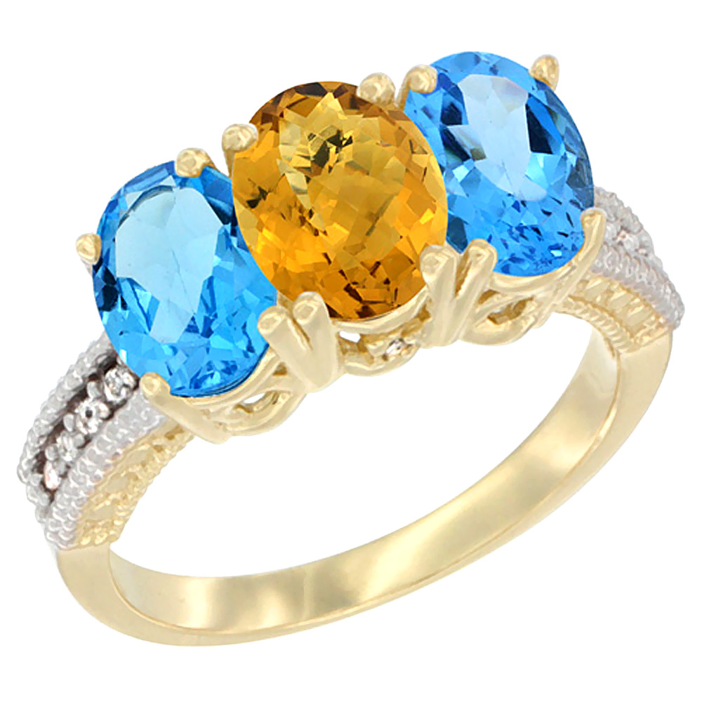 10K Yellow Gold Diamond Natural Whisky Quartz & Swiss Blue Topaz Ring 3-Stone Oval 7x5 mm, sizes 5 - 10