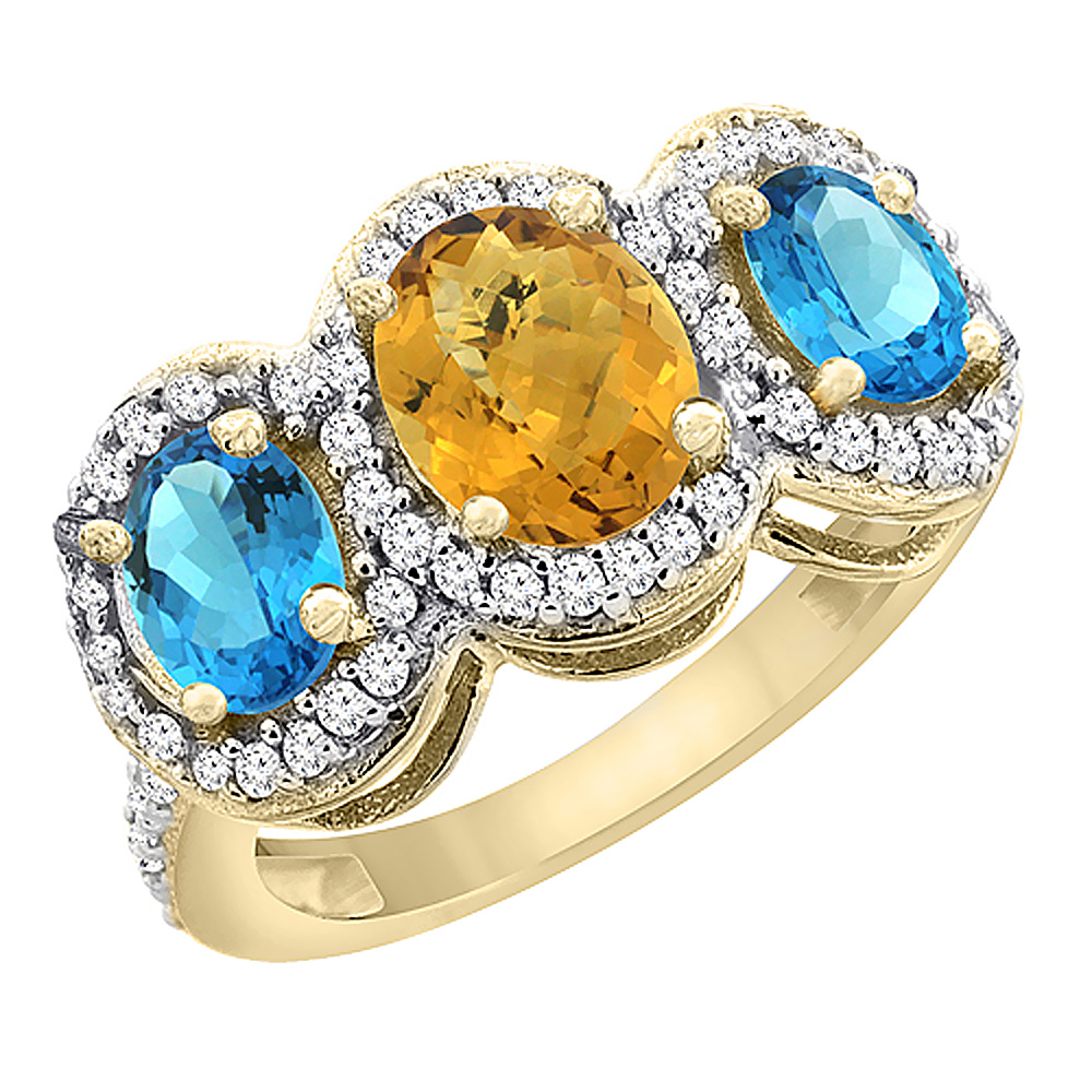 10K Yellow Gold Natural Whisky Quartz & Swiss Blue Topaz 3-Stone Ring Oval Diamond Accent, sizes 5 - 10