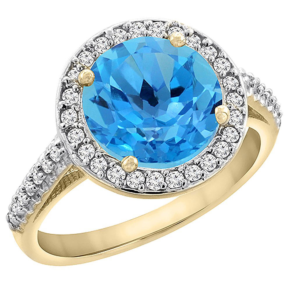 14K Yellow Gold Natural Swiss Blue Topaz Ring Round 8mm Diamond Halo, sizes 5 to 10