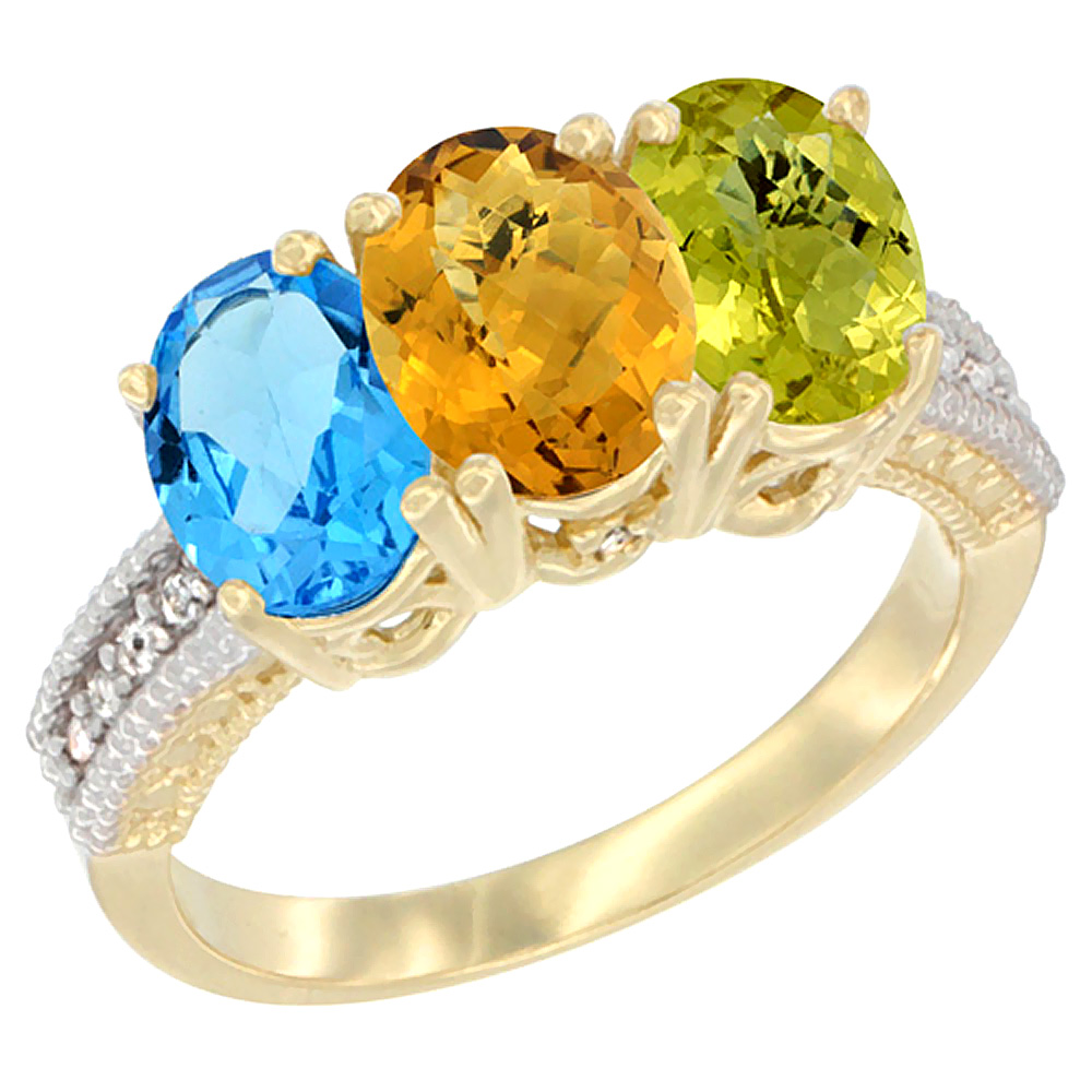 10K Yellow Gold Diamond Natural Swiss Blue Topaz, Whisky Quartz & Lemon Quartz Ring 3-Stone Oval 7x5 mm, sizes 5 - 10