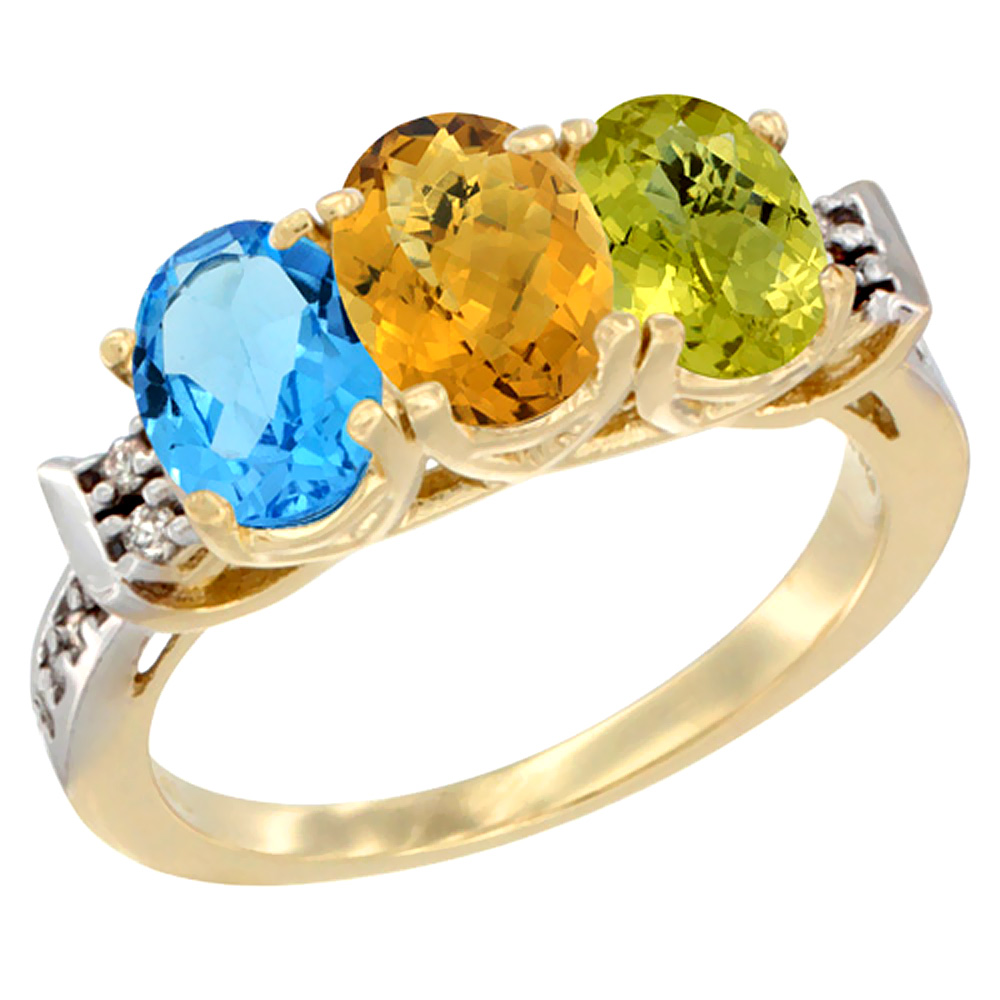 10K Yellow Gold Natural Swiss Blue Topaz, Whisky Quartz & Lemon Quartz Ring 3-Stone Oval 7x5 mm Diamond Accent, sizes 5 - 10