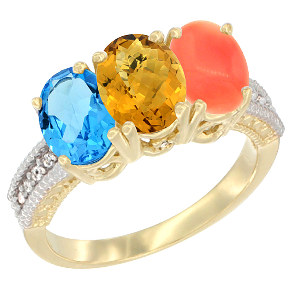 10K Yellow Gold Diamond Natural Swiss Blue Topaz, Whisky Quartz &amp; Coral Ring 3-Stone Oval 7x5 mm, sizes 5 - 10