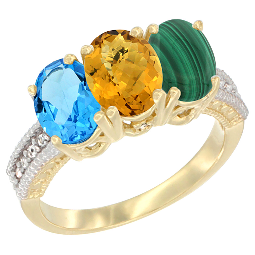 10K Yellow Gold Diamond Natural Swiss Blue Topaz, Whisky Quartz & Malachite Ring 3-Stone Oval 7x5 mm, sizes 5 - 10