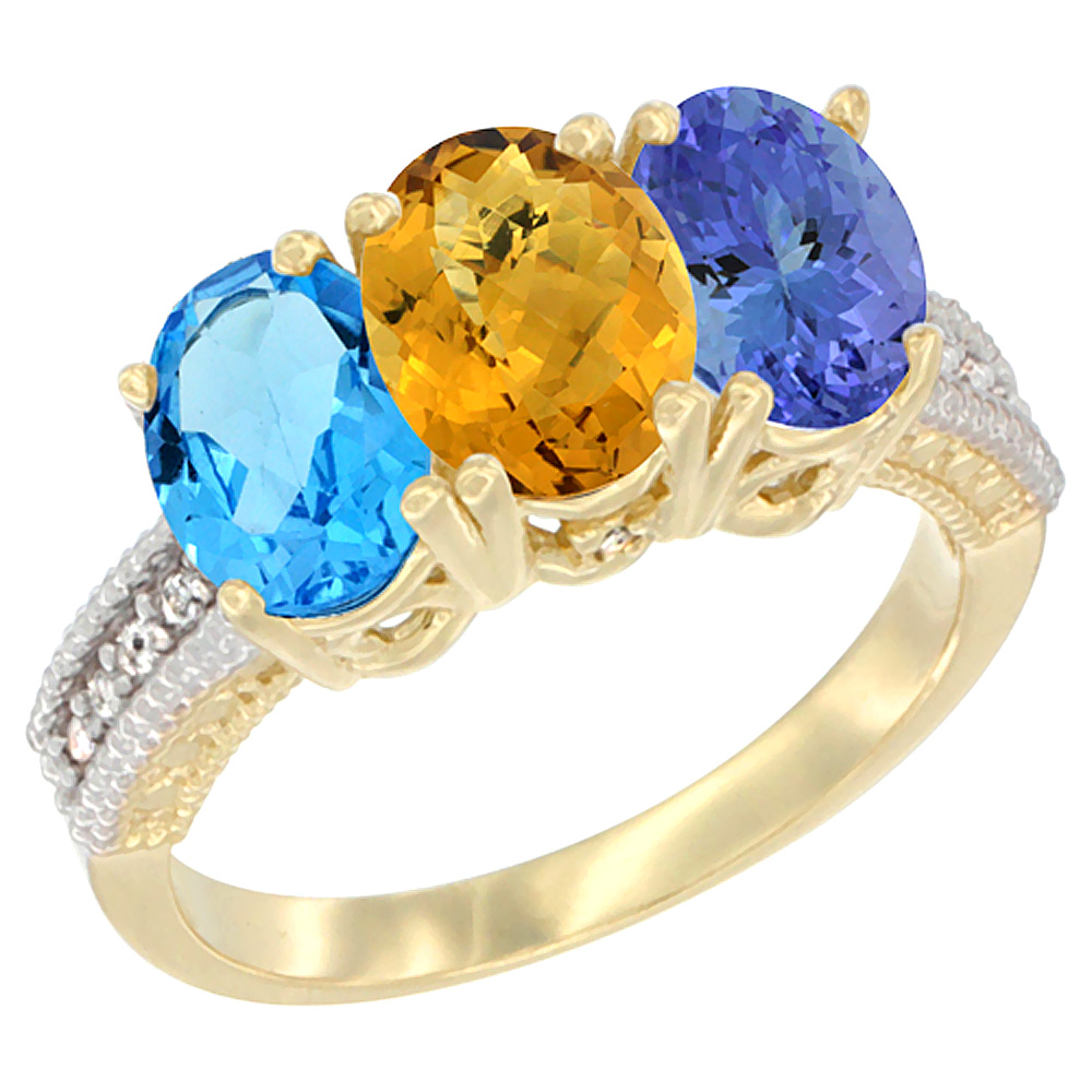 14K Yellow Gold Natural Swiss Blue Topaz, Whisky Quartz & Tanzanite Ring 3-Stone 7x5 mm Oval Diamond Accent, sizes 5 - 10