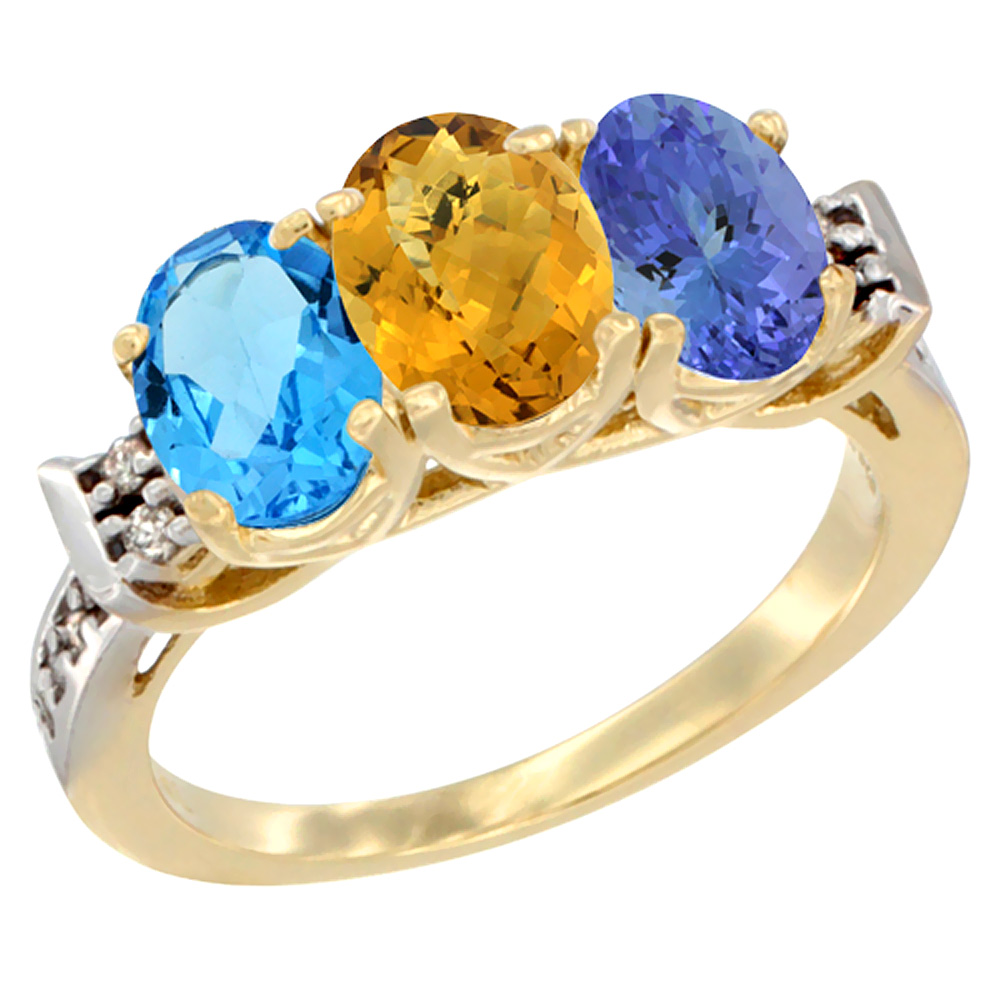 10K Yellow Gold Natural Swiss Blue Topaz, Whisky Quartz & Tanzanite Ring 3-Stone Oval 7x5 mm Diamond Accent, sizes 5 - 10