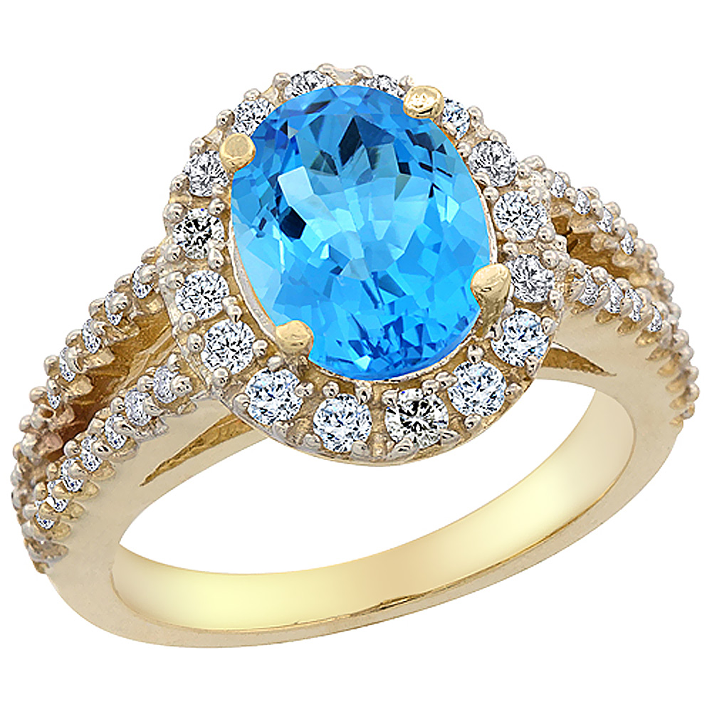 14K Yellow Gold Diamond Natural Swiss Blue Topaz Engagement Ring Oval 10x8mm, sizes 5-10