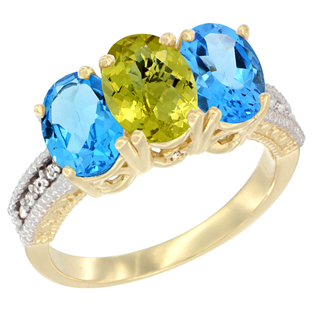 10K Yellow Gold Diamond Natural Lemon Quartz &amp; Swiss Blue Topaz Ring 3-Stone Oval 7x5 mm, sizes 5 - 10