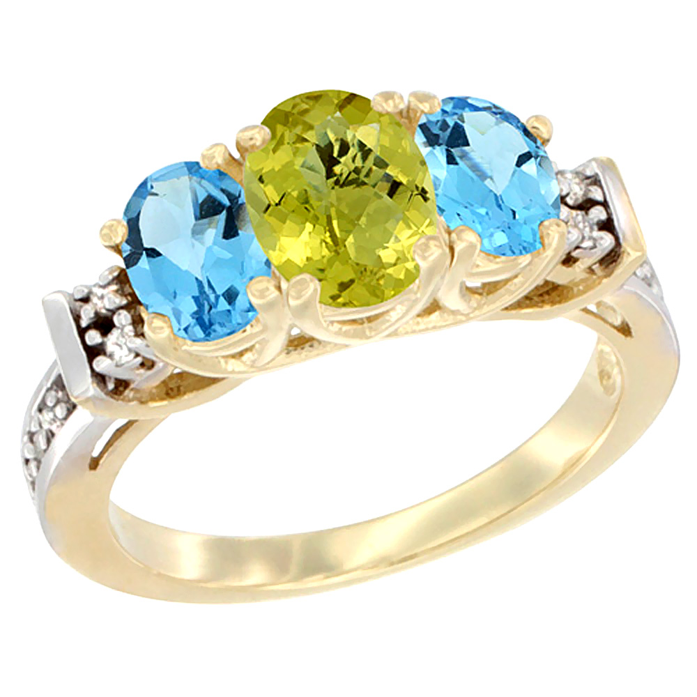 14K Yellow Gold Natural Lemon Quartz & Swiss Blue Topaz Ring 3-Stone Oval Diamond Accent