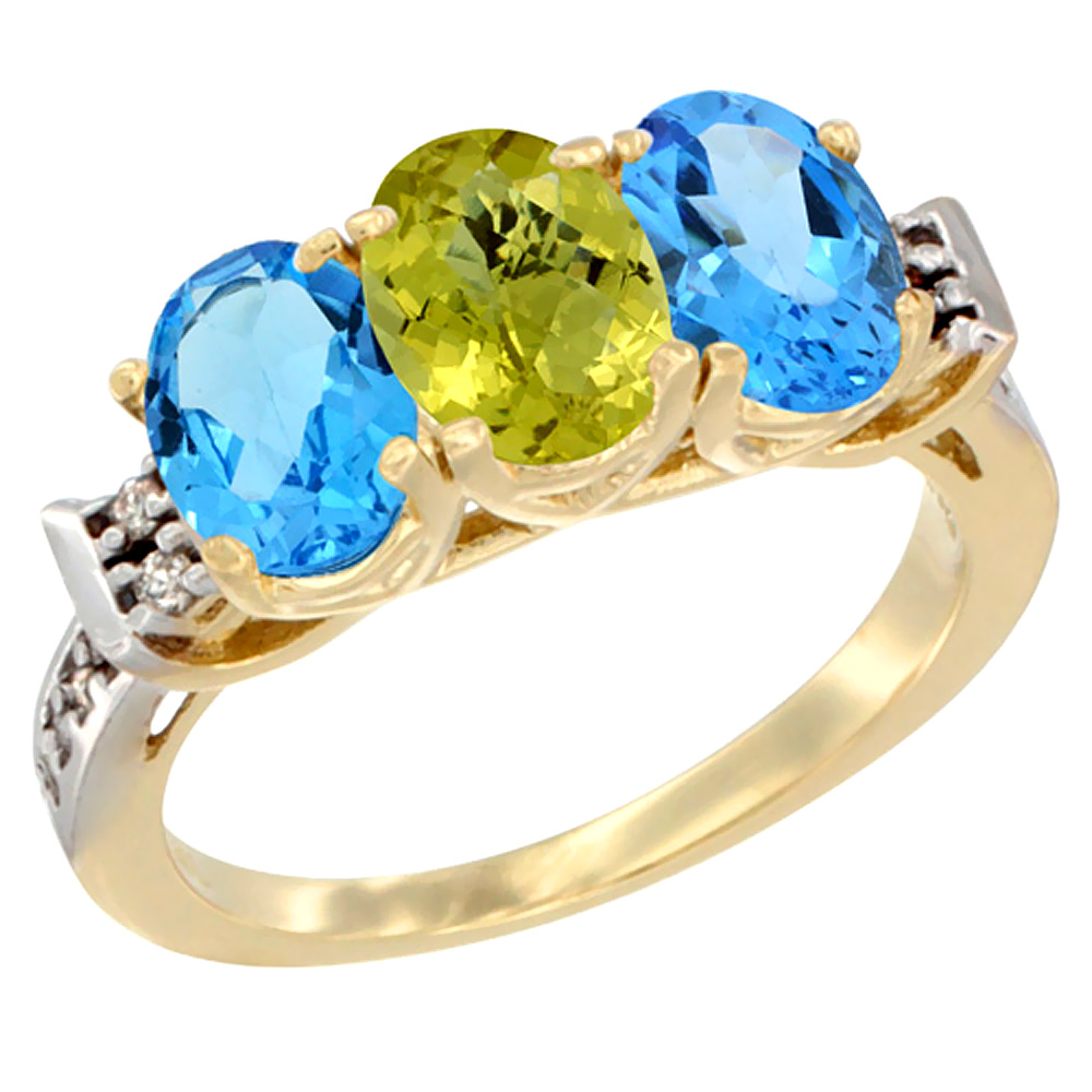 10K Yellow Gold Natural Lemon Quartz & Swiss Blue Topaz Sides Ring 3-Stone Oval 7x5 mm Diamond Accent, sizes 5 - 10