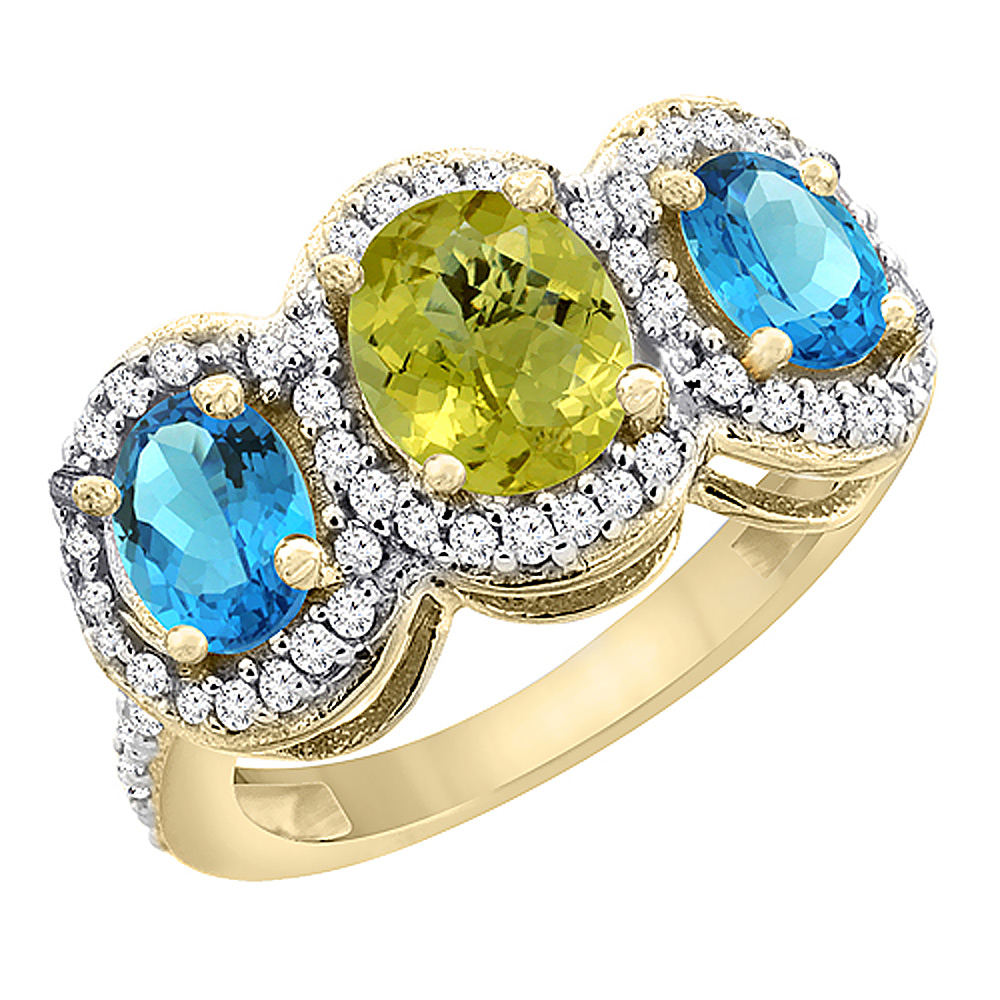 10K Yellow Gold Natural Lemon Quartz &amp; Swiss Blue Topaz 3-Stone Ring Oval Diamond Accent, sizes 5 - 10