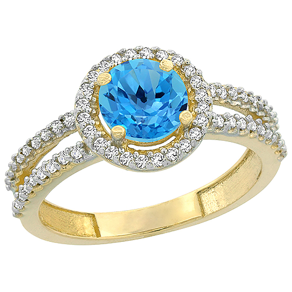 14K Yellow Gold Natural Swiss Blue Topaz Diamond Halo Ring Round 6mm, sizes 5 - 10