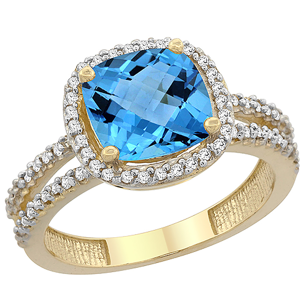 14K Yellow Gold Natural Swiss Blue Topaz Ring Cushion-cut 8x8 mm 2-row Diamond Accents, sizes 5 - 10