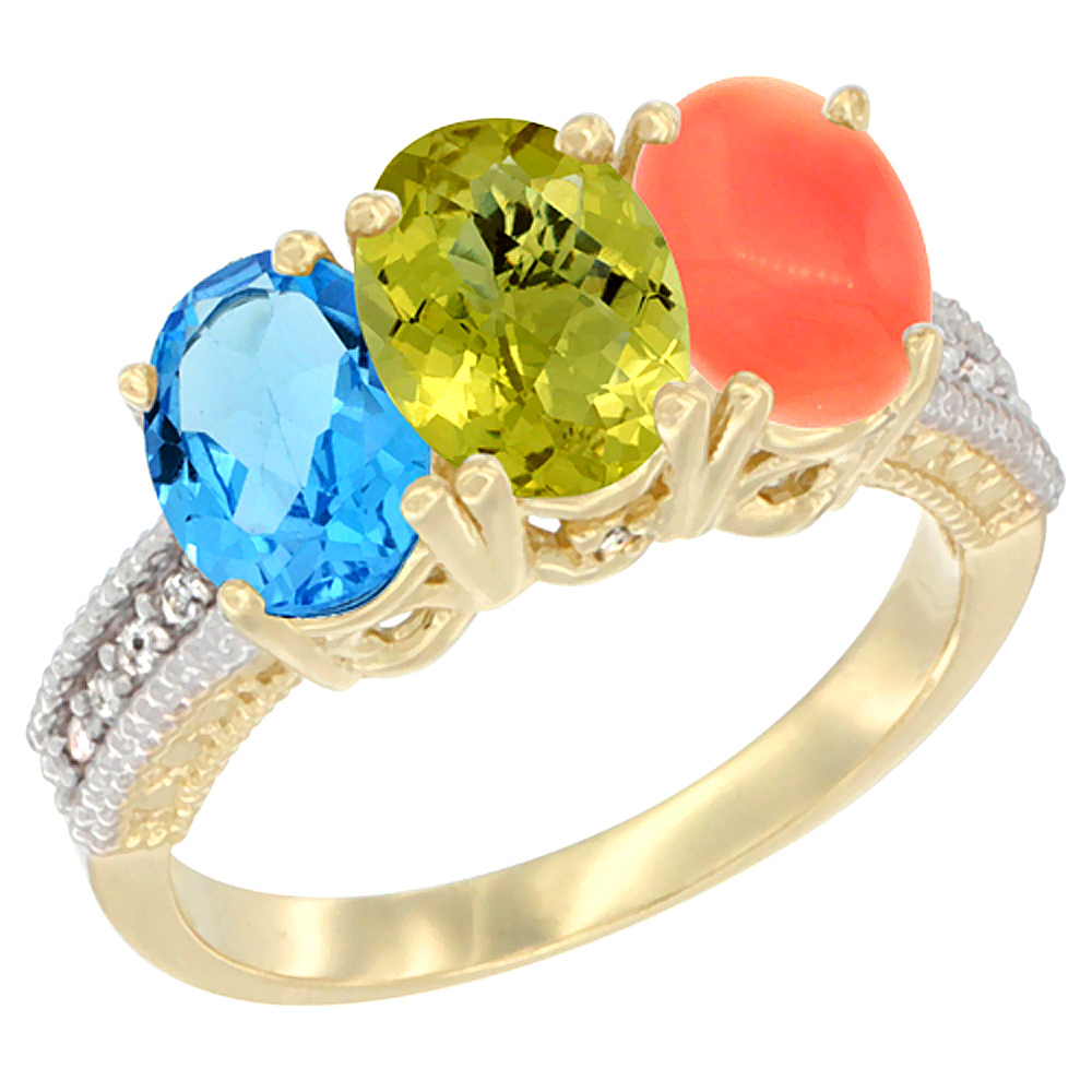 10K Yellow Gold Diamond Natural Swiss Blue Topaz, Lemon Quartz & Coral Ring 3-Stone Oval 7x5 mm, sizes 5 - 10