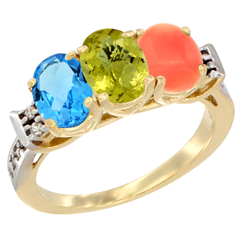 14K Yellow Gold Natural Swiss Blue Topaz, Lemon Quartz & Coral Ring 3-Stone 7x5 mm Oval Diamond Accent, sizes 5 - 10