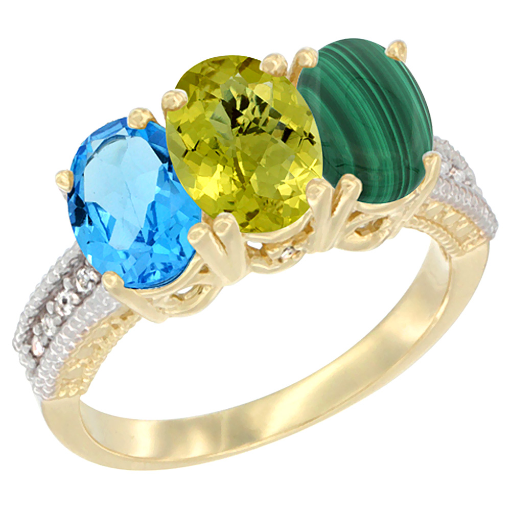 10K Yellow Gold Diamond Natural Swiss Blue Topaz, Lemon Quartz & Malachite Ring 3-Stone Oval 7x5 mm, sizes 5 - 10